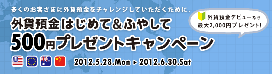 外貨預金 はじめて&ふやして、500円プレゼントキャンペーン 外貨預金 はじめて&ふやして、500円プレゼントキャンペーン