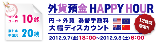 12時間限定 外貨預金 HAPPY HOUR(円→外貨 為替手数料 大幅ディスカウント) 外貨預金 HAPPY HOUR(円→外貨 為替手数料 大幅ディスカウント)