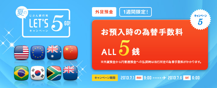 じぶん銀行発 夏のLET'S5 GO! キャンペーン キャンペーン5 外貨預金 1週間限定! お預入時の為替手数料 ALL5銭 ※外貨預金から円普通預金への払戻時は当行所定の為替手数料がかかります。 キャンペーン期間 2013.7.1 MON 9:00 … 2013.7.6 SAT 6:00 じぶん銀行発 夏のLET'S5 GO! キャンペーン キャンペーン5 外貨預金 1週間限定! お預入時の為替手数料 ALL5銭 ※外貨預金から円普通預金への払戻時は当行所定の為替手数料がかかります。 キャンペーン期間 2013.7.1 MON 9:00 … 2013.7.6 SAT 6:00