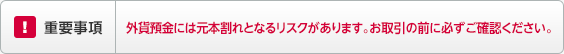 重要事項 外貨預金には元本割れとなるリスクがあります。お取引の前に必ずご確認ください。 重要事項 外貨預金には元本割れとなるリスクがあります。お取引の前に必ずご確認ください。