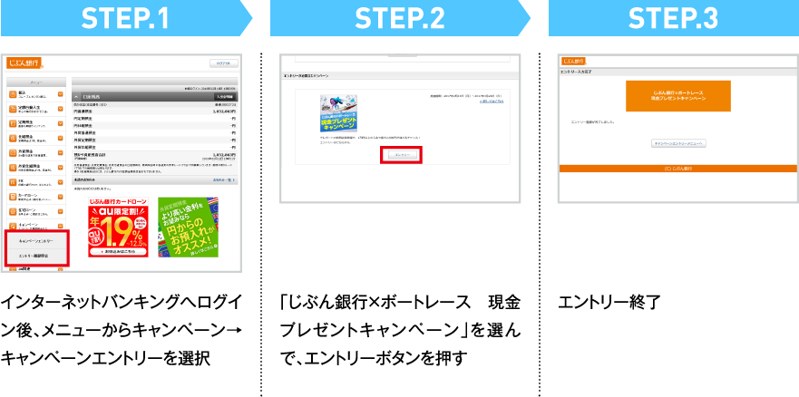 STEP.1 インターネットバンキングへログイン後、メニューからキャンペーン→キャンペーンエントリーを選択 STEP.2 「じぶん銀行×ボートレース 現金プレゼントキャンペーン」を選んで、エントリーボタンを押す STEP.3 エントリー終了