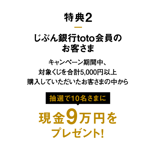 特典2 じぶん銀行toto会員のお客さま キャンペーン期間中、対象くじを合計5,000円以上購入していただいたお客さまの中から抽選で10名さまに 現金9万円を プレゼント！